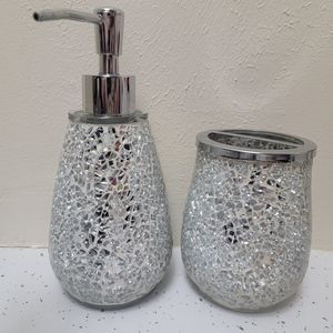 Mosaic glass soap dispenser and toothbrush holder